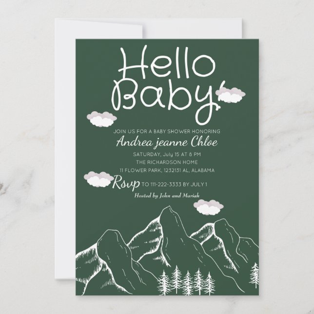 Invitación Guión de Baby Shower Simple Adventure Mountain (Anverso)