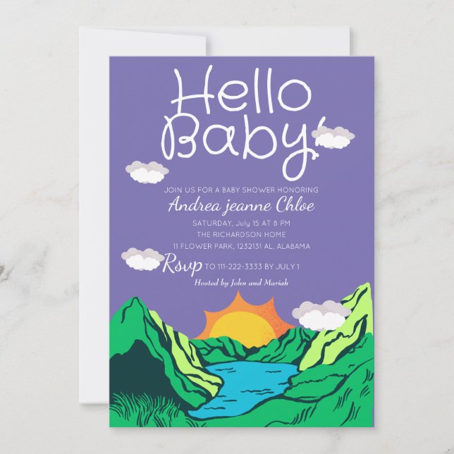 Invitación Guión de Baby Shower Simple Adventure Mountain (Anverso)