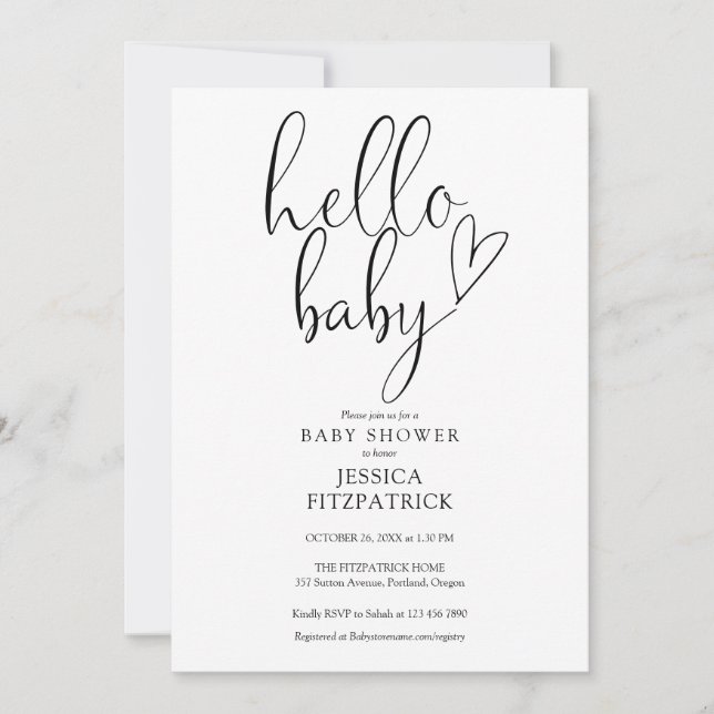 Invitación Guión de bebé Hola negro y blanco Baby Shower (Anverso)
