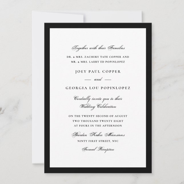 Invitación Guión de boda con borde negro (Anverso)