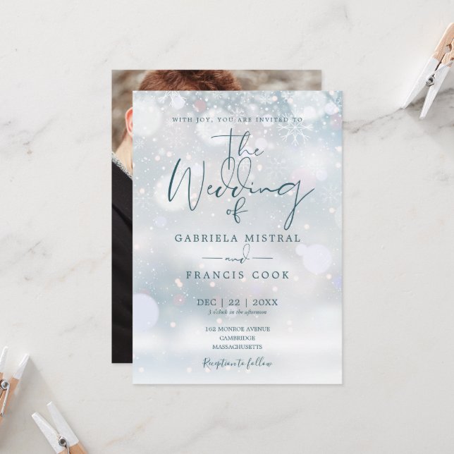 Invitación Guión de boda de invierno con foto de nieve (Anverso/Reverso In Situ)