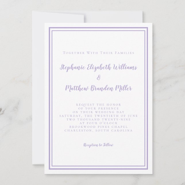 Invitación Guión de Boda Minimalista Clásico Elegante Lavanda (Anverso)