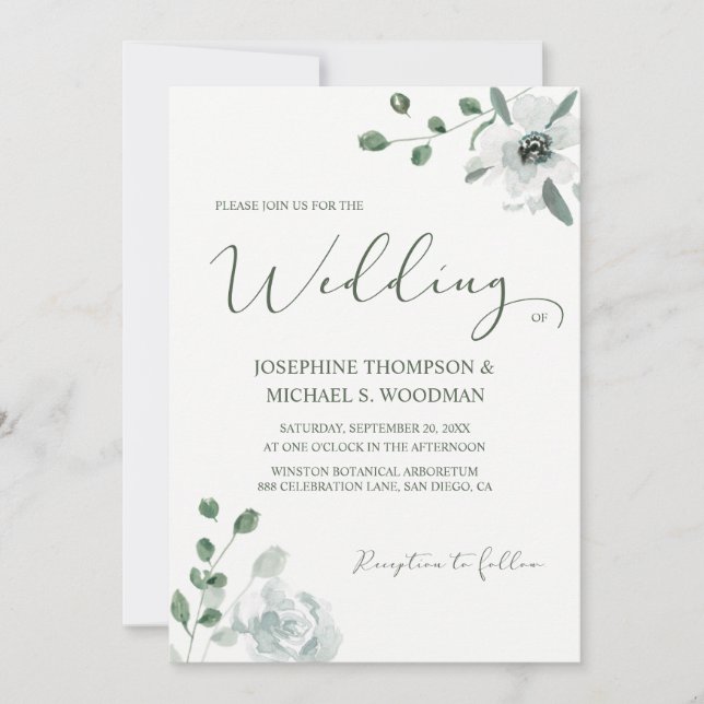Invitación Guión de Boda verde botánico simple acuarela (Anverso)