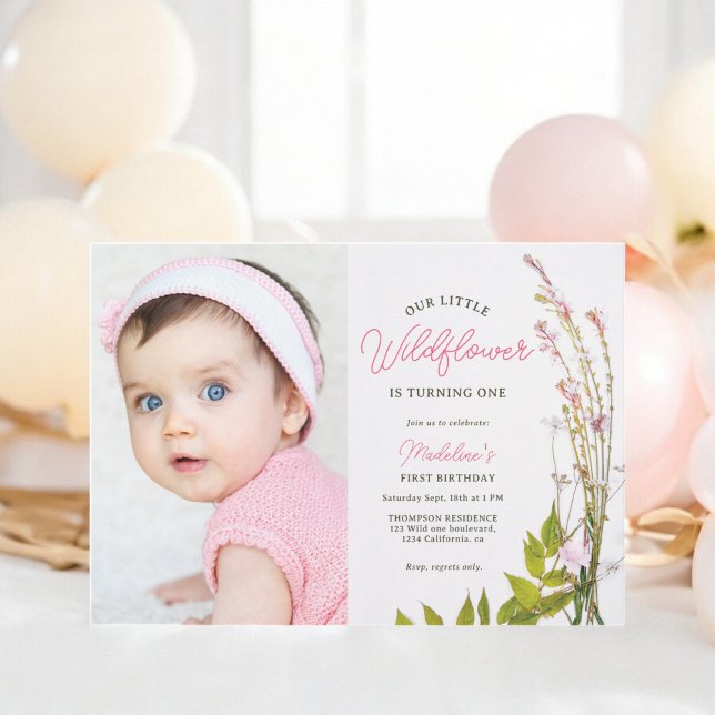 Invitación Guión de boho de verano foto de primer cumpleaños (Summer boho wildflower script photo 1st birthday invitation)