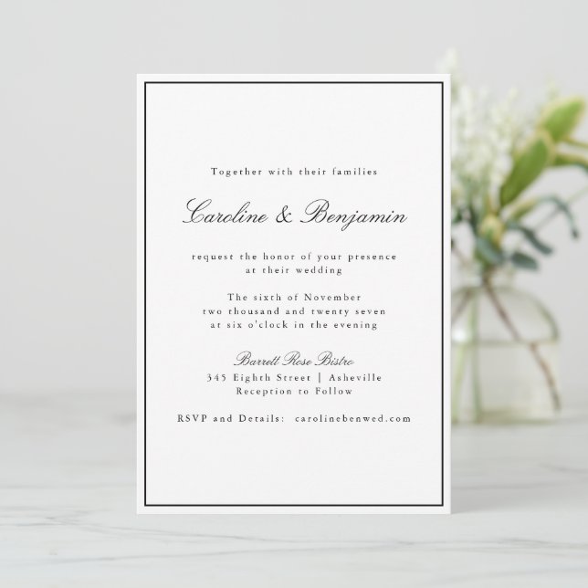 Invitación Guión de borde clásico Boda elegante todo en uno (Anverso de pie)