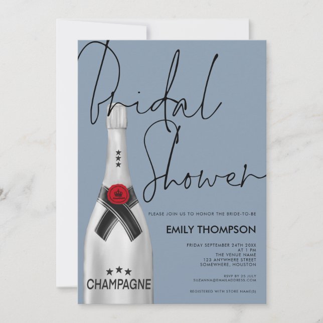 Invitación Guión de botella de champán Ducha azul de novia (Anverso)
