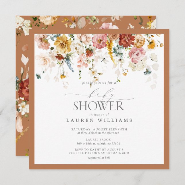 Invitación Guión de caída floral Naranja quemado Baby Shower (Anverso / Reverso)