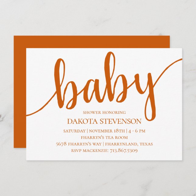 Invitación Guión de caída simple | Baby Shower Naranja quemad (Anverso / Reverso)