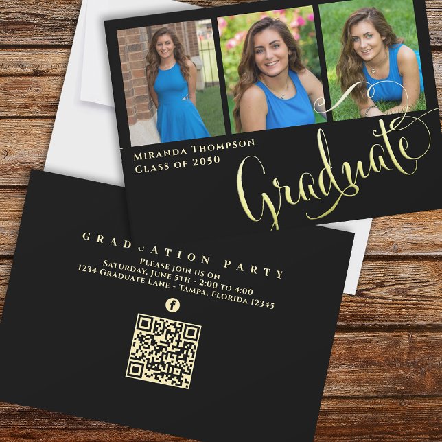 Invitación Guión de caligrafía de foto graduada de oro negro (Subido por el creador)