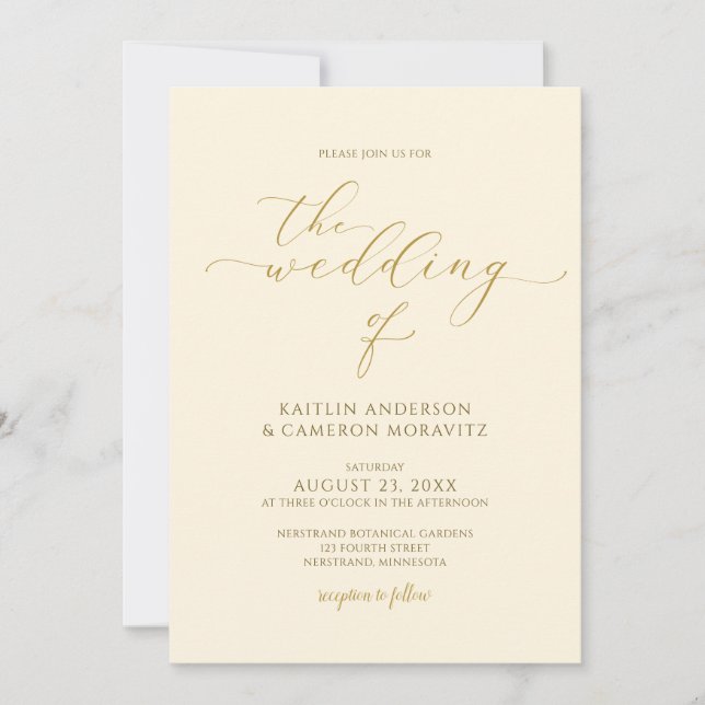 Invitación Guión de caligrafía elegante de crema y Boda de or (Anverso)