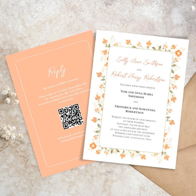 Invitación Guión de caligrafía floral elegante para la boda (Elegant peach floral wedding invitation with RSVP and QR code on the backside. )