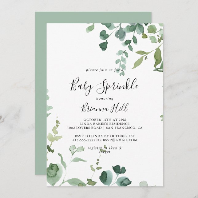 Invitación Guión de caligrafía Foliage verde Baby Sprinkle (Anverso / Reverso)