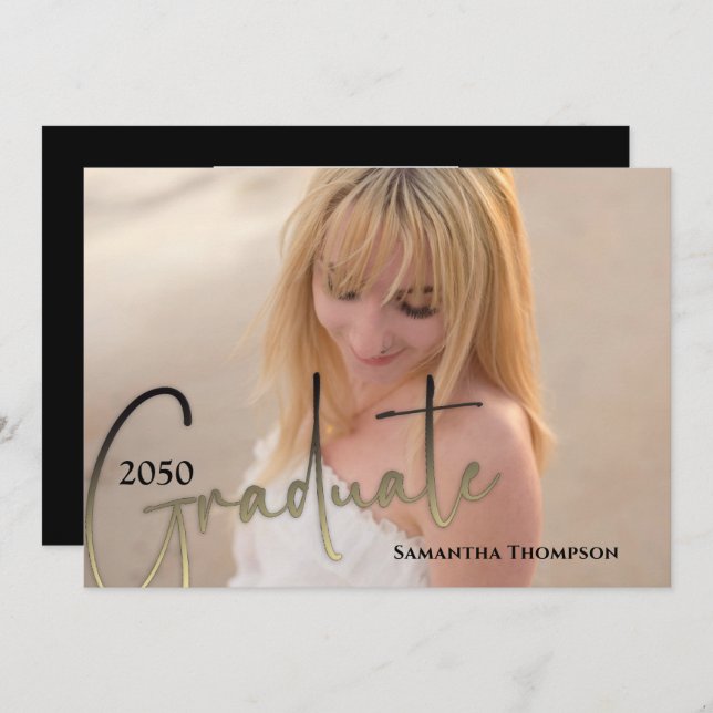 Invitación Guión de caligrafía graduada Oro negro dos foto (Anverso / Reverso)