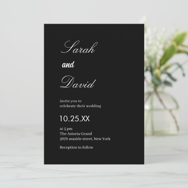 Invitación Guión de caligrafía simple boda blanco y negro (Anverso de pie)