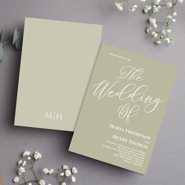 Invitación Guión de caligrafía simple Elegante Sage Green (Elegant calligraphy script sage green wedding invitation)