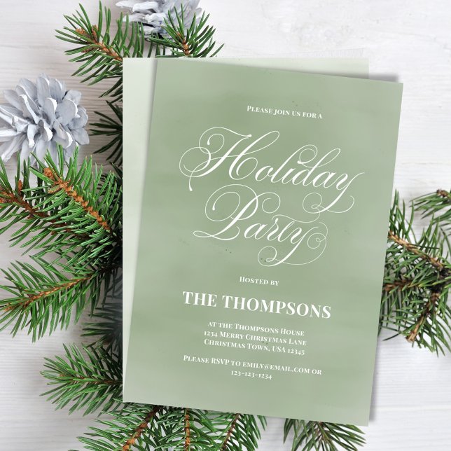 Invitación Guión de caligrafía simple verde de fiesta (Holiday party custom invitation card with calligraphy script. )
