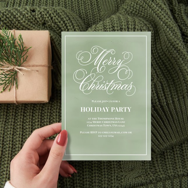 Invitación Guión de caligrafía verde Fiesta navidades (Merry Christmas green watercolor invitation.)