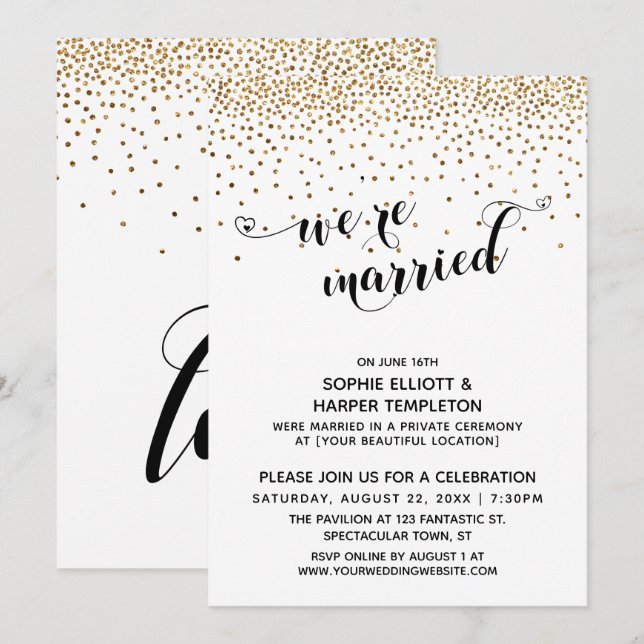 Invitación Guión de Casados, Confeti Dorado, Recepción (Anverso / Reverso)