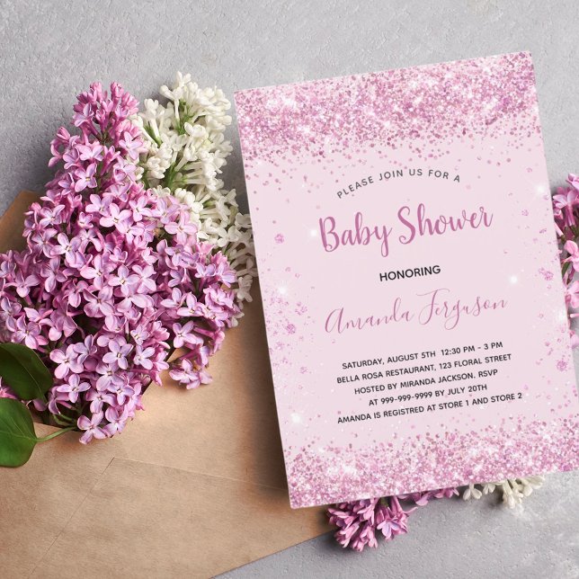 Invitación Guión de chica de purpurina rosa de Baby Shower (Subido por el creador)