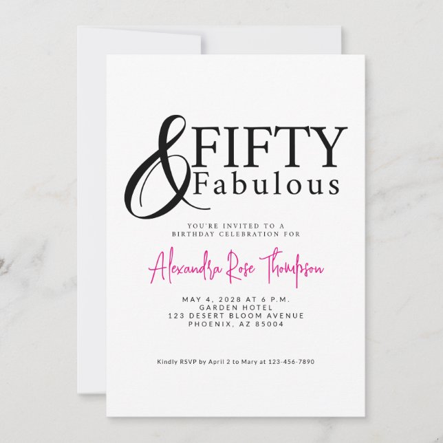 Invitación Guión de cincuenta y fabulosos cumpleaños 50 rosa (Anverso)