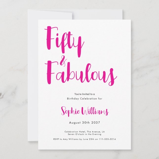Invitación Guión de cincuenta y fabulosos cumpleaños 50 rosa (Anverso)
