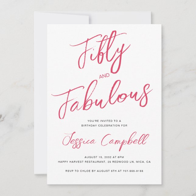 Invitación Guión de cincuenta y fabulosos cumpleaños 50 rosa (Anverso)