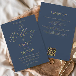 Invitación Guión de código QR del Boda Blue Gold de la Marina