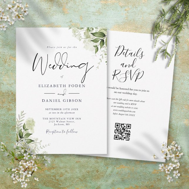 Invitación Guion de código QR floral verde para boda (Greenery Floral QR Code Script Wedding Invitation)