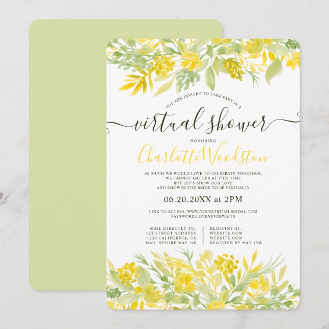 Invitación Guión de color floral amarillo ducha virtual (Anverso / Reverso)