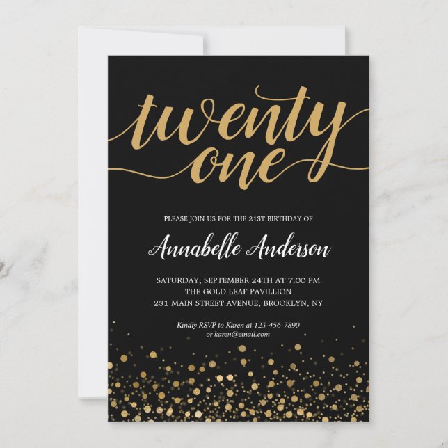 Invitación Guión de Confetti de oro negro moderno de cumpleañ (Anverso)