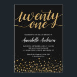 Invitación Guión de Confetti de oro negro moderno de cumpleañ<br><div class="desc">El diseño presenta 'veintiuno' en un guión moderno y elegante,  con acentos de confeti dorado. Si quieres personalizar el texto 'veintiuno' a otra edad,  no dudes en enviarnos un correo electrónico a panggadesigns@gmail.com.</div>