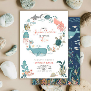 Invitación Guión de Cumpleaños Número 3 de Animales del Océan