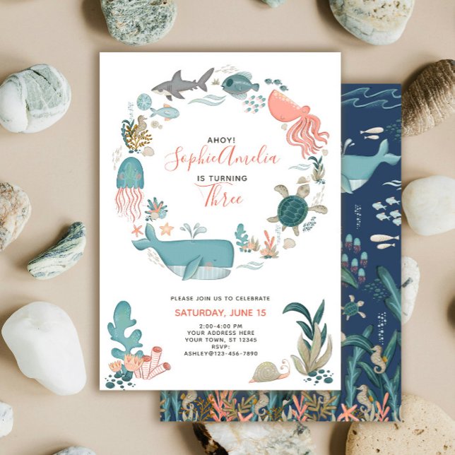 Invitación Guión de Cumpleaños Número 3 de Animales del Océan (Subido por el creador)