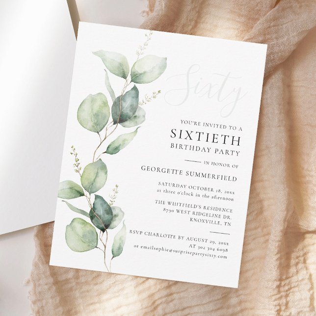 Invitación Guión de ecologización de Eucalyptus (Watercolor Eucalyptus Greenery 60th Birthday Party Invitation)