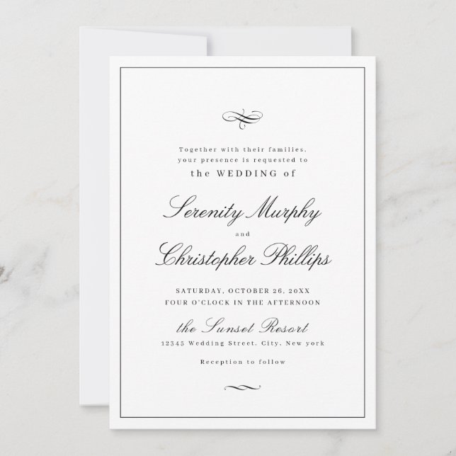 Invitación Guión de Elegancia Clásica Entrada Boda Blanco Y N (Anverso)