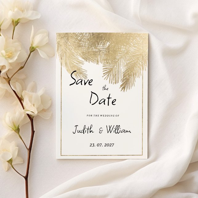 Invitación Guión de época floral de oro blanco Guardar fecha (Vintage script white gold floral Save the Date)