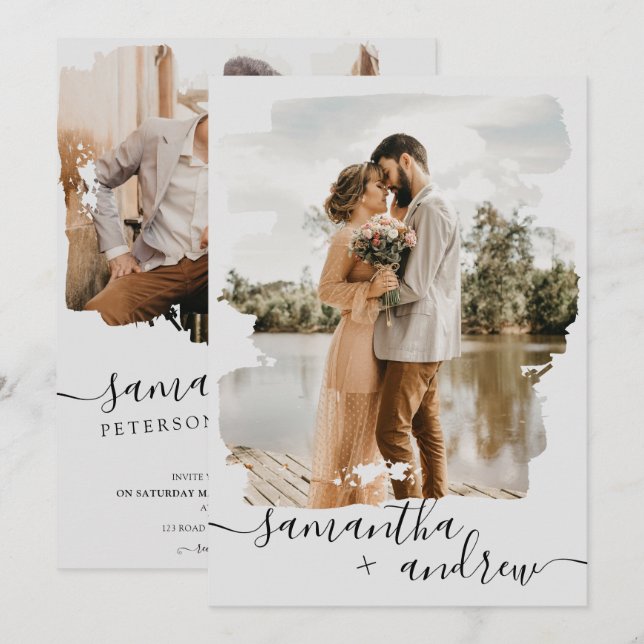 Invitación Guión de estilo de pincel gris moderno 2 boda de f (Anverso / Reverso)