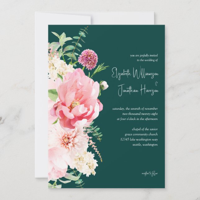 Invitación Guión de estilo floral esmeralda Rubor Dark Moody (Anverso)