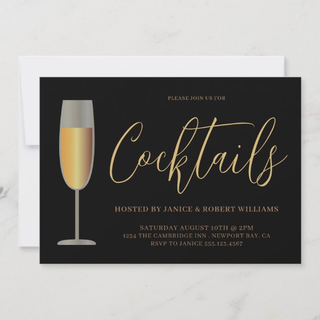 Invitación Guión de Fiesta de Cóctel Moderno Oro Negro (Anverso)