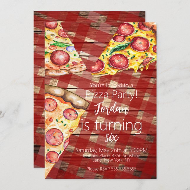 Invitación Guión de fiesta de cumpleaños de Watercolor Pizza  (Anverso / Reverso)