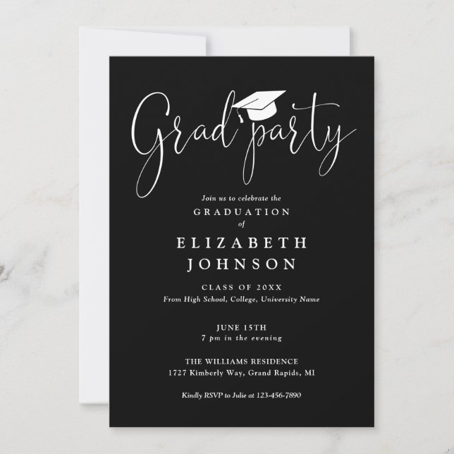 Invitación Guión de fiesta de graduación en blanco y negro Gr (Anverso)
