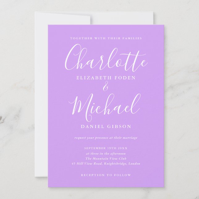 Invitación Guion de firma Bodas Chic Lavanda Lila (Anverso)