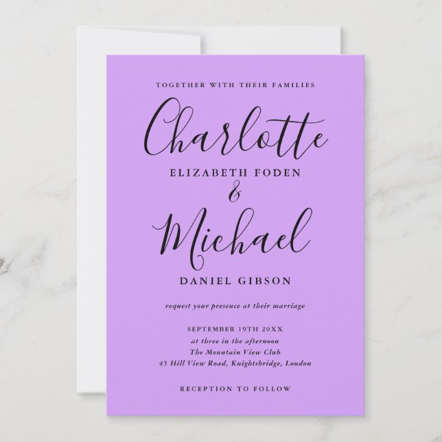 Invitación Guión de firma Bodas de orquídea lila lavanda (Anverso)