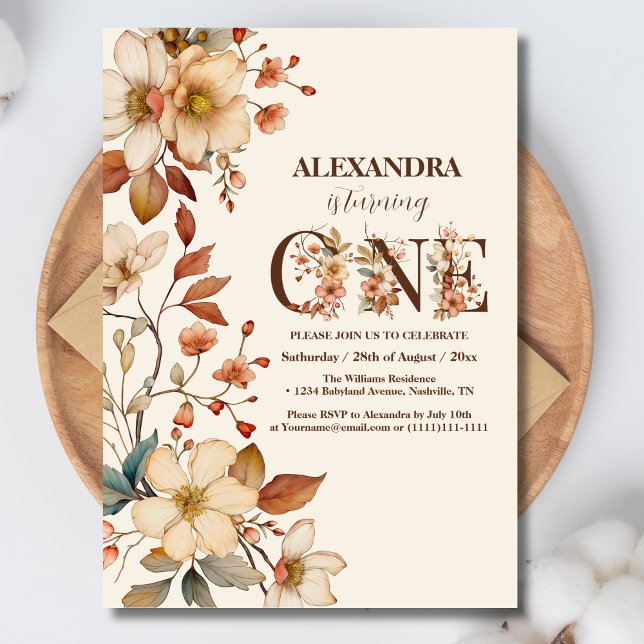Invitación Guión de flor silvestre de moda moderna 1º cumplea (Subido por el creador)