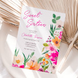 Invitación Guión de flores silvestres brillantes Sweet 16<br><div class="desc">Elegante, luminoso y audaz ilustracion de flores de verano de primavera moderna con flor silvestre de gran tamaño y guión de broche dulce invitación a la fiesta de 16 años con una moderna tipografía de caligrafía con flores de neón rosa brillante, naranja, verde y amarillo sobre un fondo blanco editable....</div>
