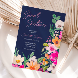 Invitación Guión de flores silvestres brillantes Sweet 16