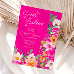Invitación Guión de flores silvestres brillantes Sweet 16<br><div class="desc">Elegante,  luminoso y audaz ilustracion de flores de verano de primavera moderna con flor silvestre de gran tamaño y guión de broche dulce invitación de fiesta de 16 años con una moderna tipografía caligráfica con flores brillantes de color rosa neón,  naranja,  verde y amarillo sobre fondo rosado neón.</div>
