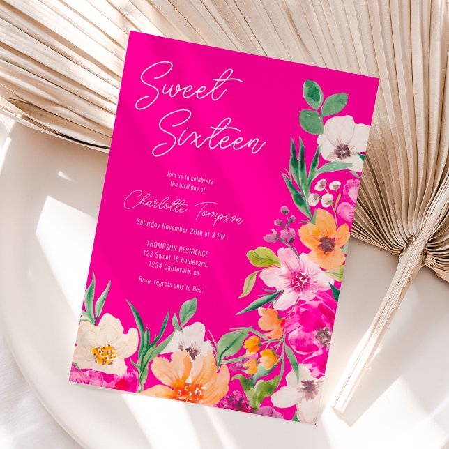 Invitación Guión de flores silvestres brillantes Sweet 16 (Bright bold wild flowers script Sweet 16 Invitation)