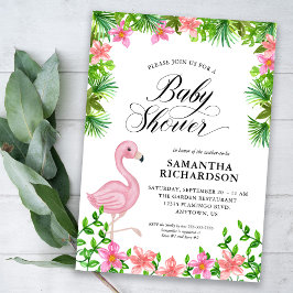 Invitación Guión de Flores Tropicales Flamingo Rosado Baby Sh