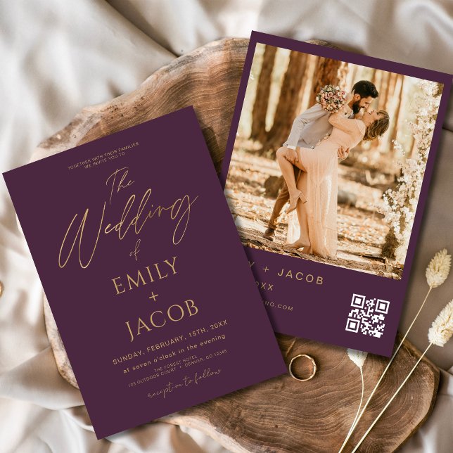 Invitación Guión de foto de código QR Boda Purple Gold de Plu (Subido por el creador)